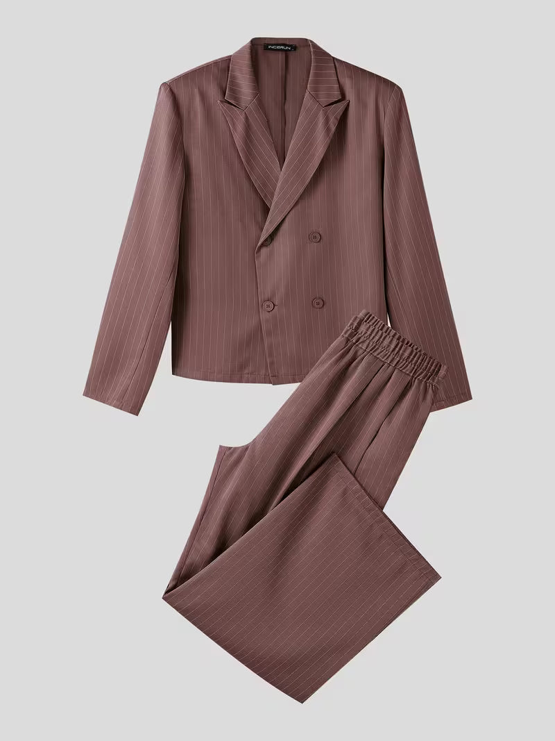 INCERUN Men A Set Stripe Print Lapel Long Sleeve Double Breasted Shirt with Elastic Waist Trousers Baggy Street Hippy Formal Work All-match Casual Pants Suit