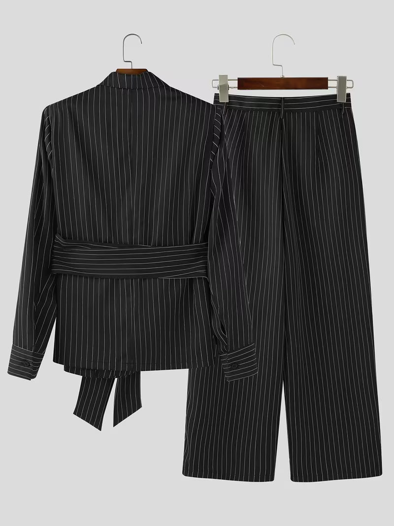 INCERUN Men Stripe Blazer Suit | Long Sleeve Lapel Neck Blazer with Long Trousers, Thin Street Hippy Casual Pants, Non-Stretch Fabric, Loose Fit, Perfect for Spring/Fall