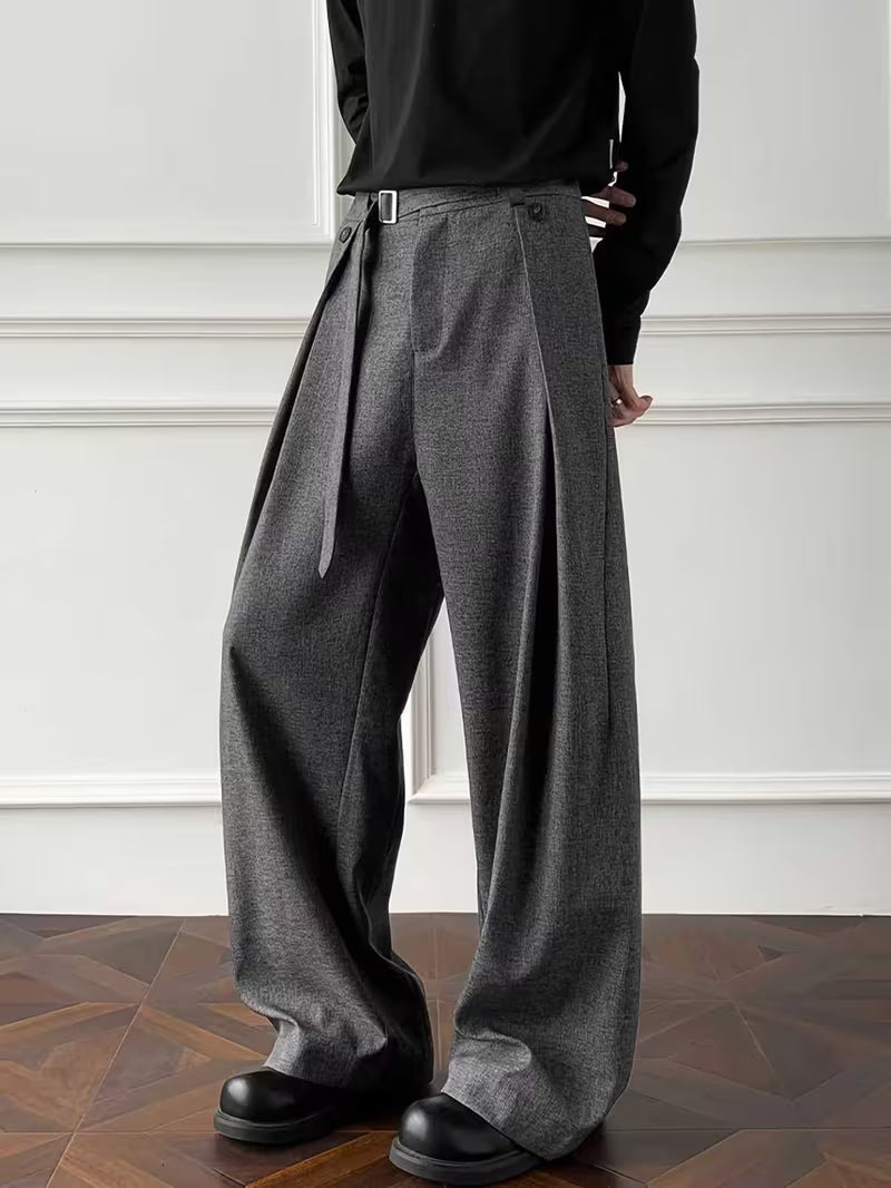 Men's Solid Color Spring/autumn Casual Suit Pants, Suitable for Formal Wear, Loose Fit, Vintage Style with Belt, Wide-leg Design, Ideal for Outdoor Leisure in Spring and Autumn, Light Business Style