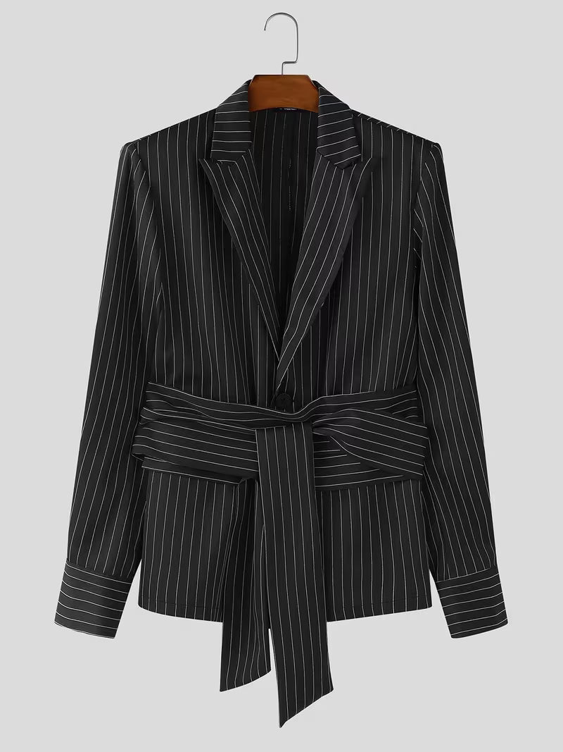 INCERUN Men Stripe Blazer Suit | Long Sleeve Lapel Neck Blazer with Long Trousers, Thin Street Hippy Casual Pants, Non-Stretch Fabric, Loose Fit, Perfect for Spring/Fall
