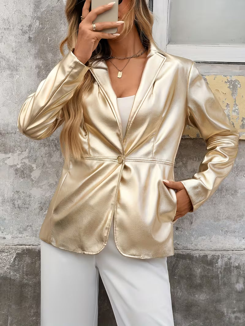 Women Elegant Fashion Lapel Jacket | Button Golden Coat, Regular Sleeve, Solid Color, All-Season, Single Button Placket
