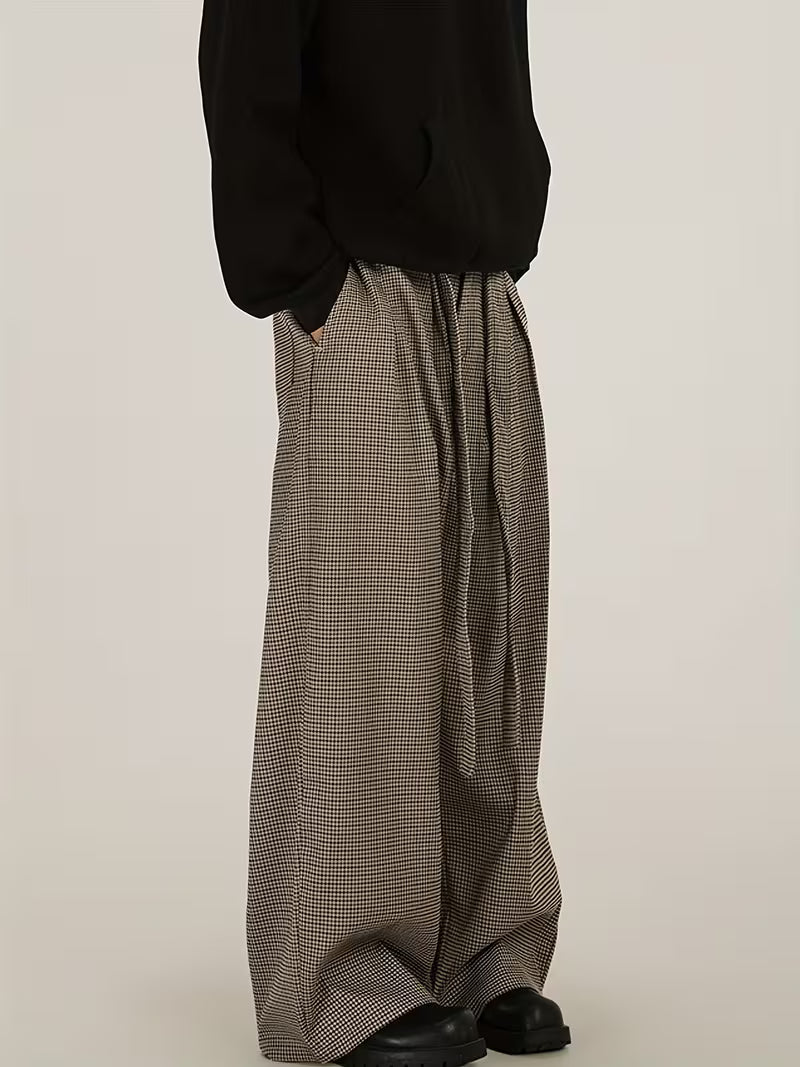 Gengyuan'S Features High-Intelligence Vintage-Style Wide-Leg Pants with a Pleated Design And a Versatile Check Pattern, Perfect for Casual Commuting