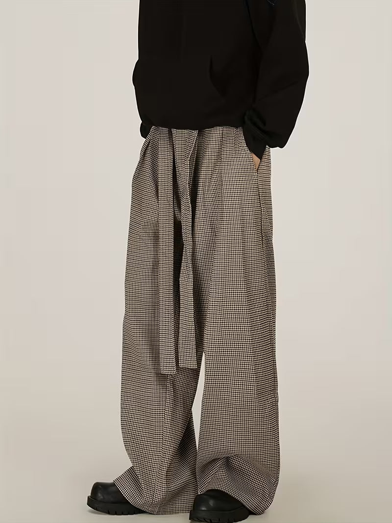 Gengyuan'S Features High-Intelligence Vintage-Style Wide-Leg Pants with a Pleated Design And a Versatile Check Pattern, Perfect for Casual Commuting