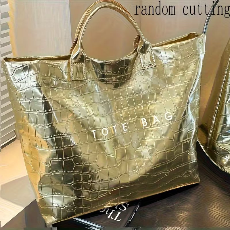 Women'S Golden Tote Bag with Fixed Strap & Detachable Crossbody Strap - Large Capacity Handbag, Golden-Tone Hardware & Smooth Texture