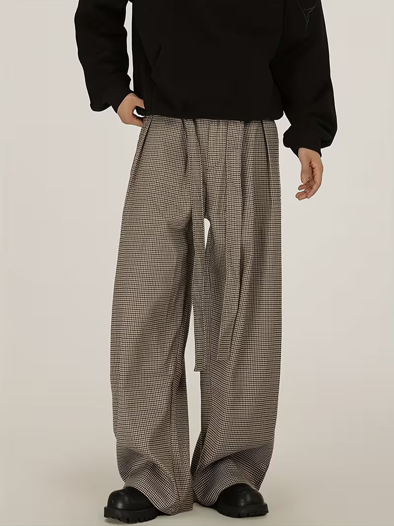 Gengyuan'S Features High-Intelligence Vintage-Style Wide-Leg Pants with a Pleated Design And a Versatile Check Pattern, Perfect for Casual Commuting