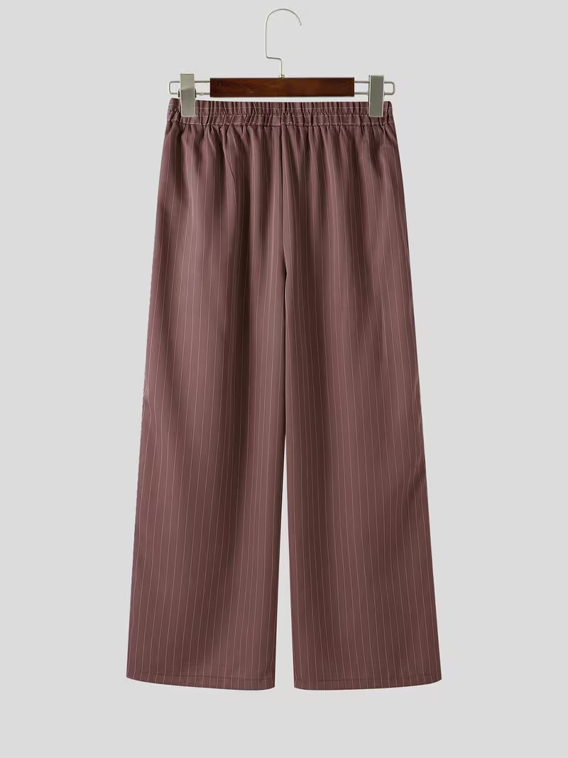 INCERUN Men A Set Stripe Print Lapel Long Sleeve Double Breasted Shirt with Elastic Waist Trousers Baggy Street Hippy Formal Work All-match Casual Pants Suit