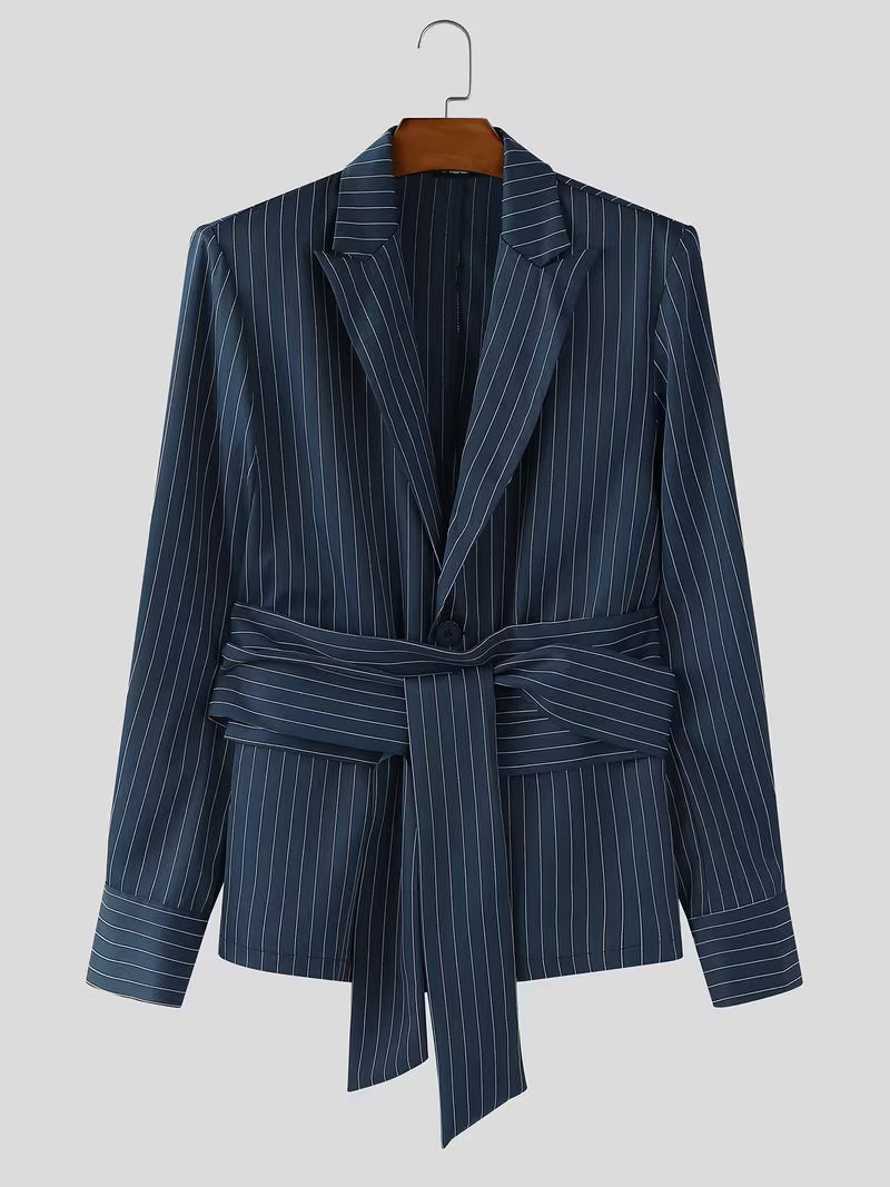 INCERUN Men Stripe Blazer Suit | Long Sleeve Lapel Neck Blazer with Long Trousers, Thin Street Hippy Casual Pants, Non-Stretch Fabric, Loose Fit, Perfect for Spring/Fall