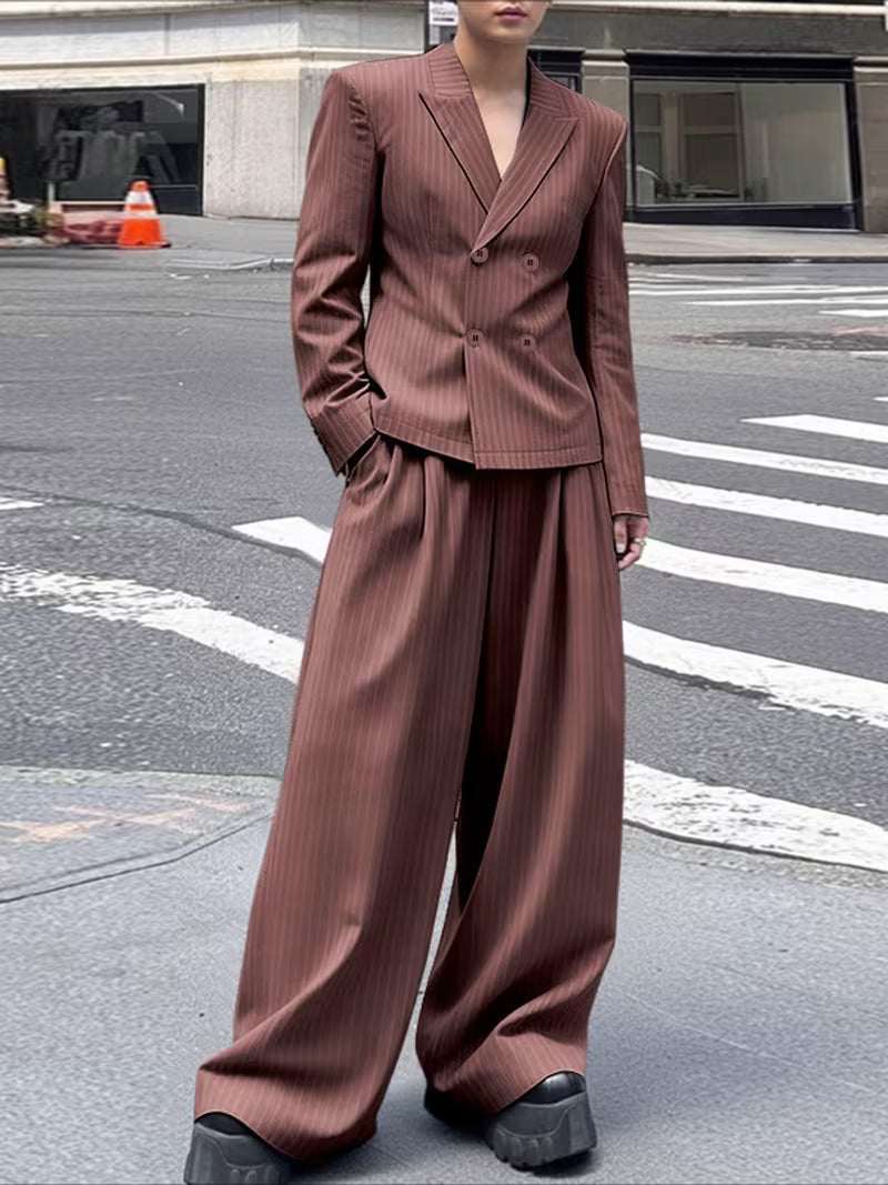 INCERUN Men A Set Stripe Print Lapel Long Sleeve Double Breasted Shirt with Elastic Waist Trousers Baggy Street Hippy Formal Work All-match Casual Pants Suit