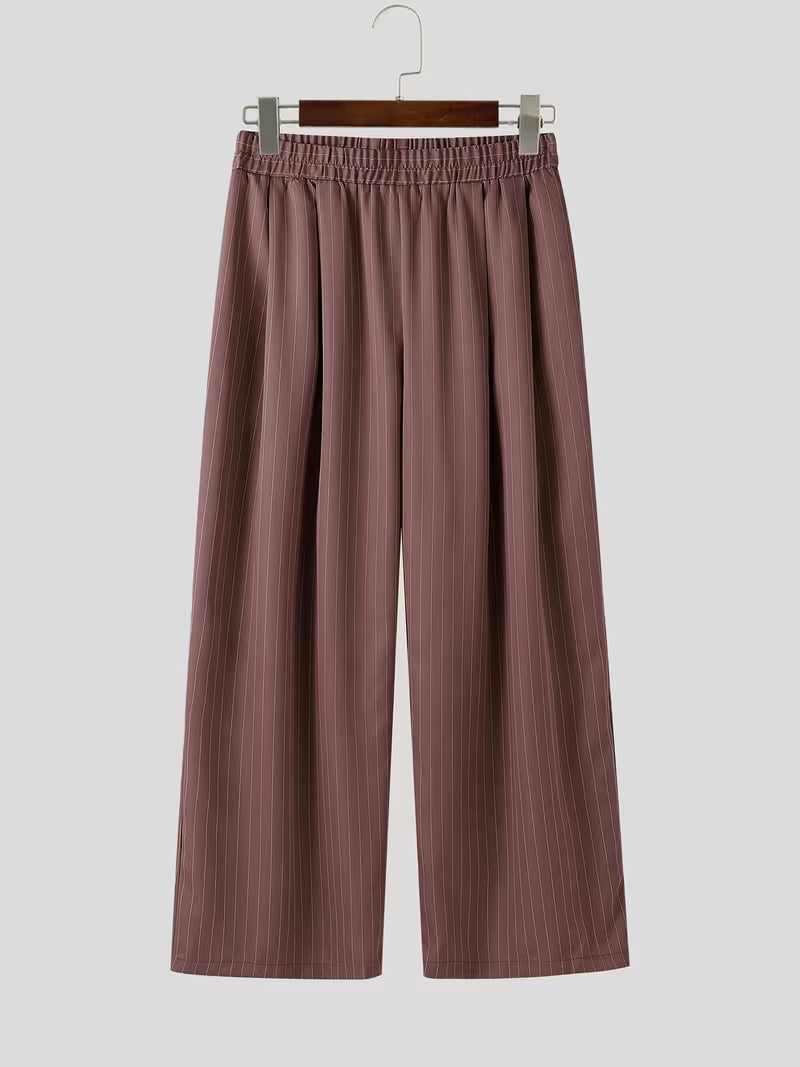 INCERUN Men A Set Stripe Print Lapel Long Sleeve Double Breasted Shirt with Elastic Waist Trousers Baggy Street Hippy Formal Work All-match Casual Pants Suit