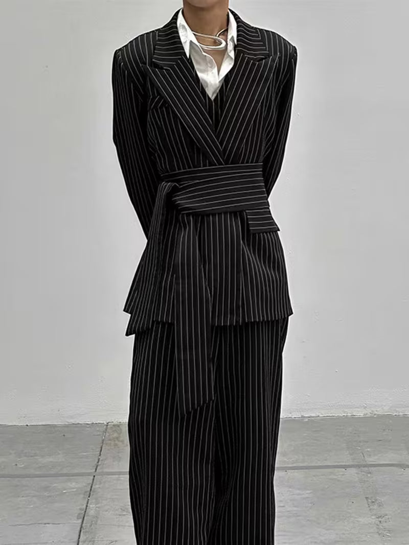 INCERUN Men Stripe Blazer Suit | Long Sleeve Lapel Neck Blazer with Long Trousers, Thin Street Hippy Casual Pants, Non-Stretch Fabric, Loose Fit, Perfect for Spring/Fall