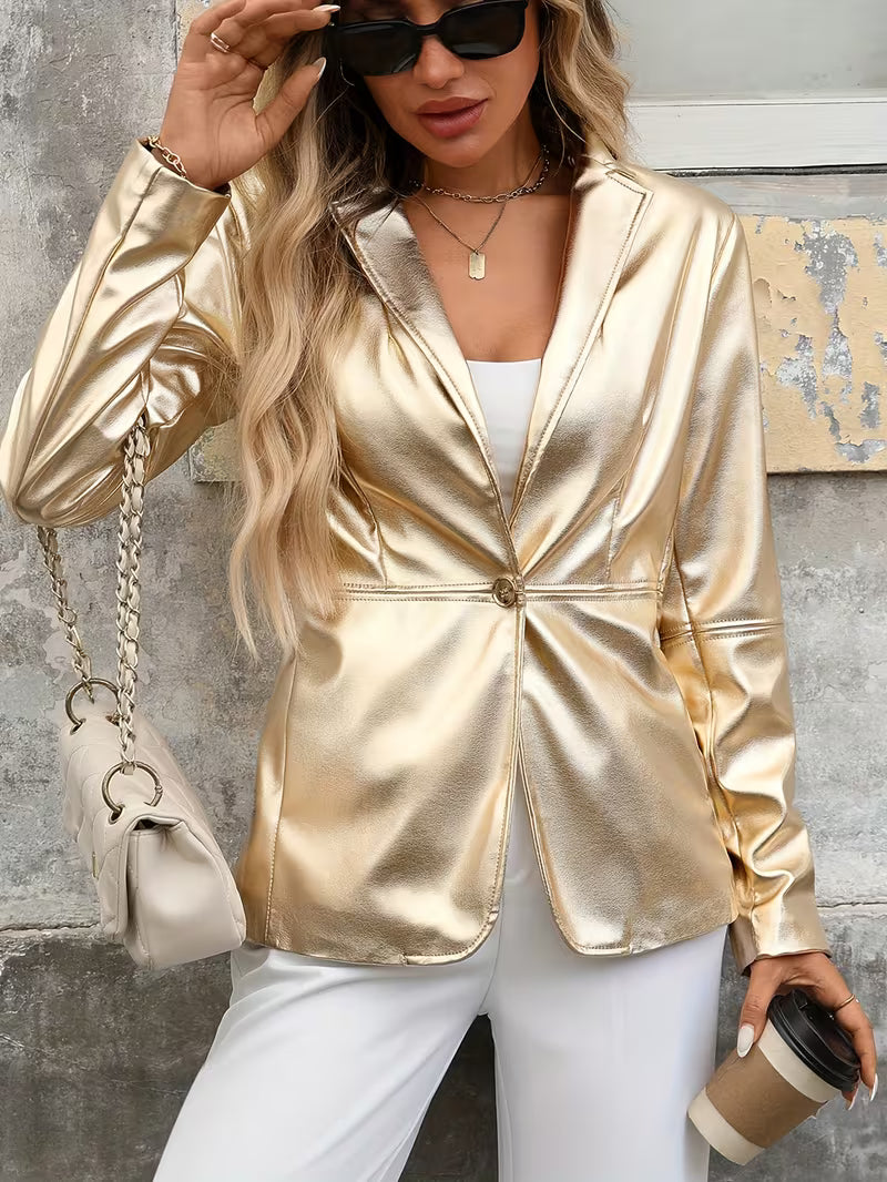 Women Elegant Fashion Lapel Jacket | Button Golden Coat, Regular Sleeve, Solid Color, All-Season, Single Button Placket