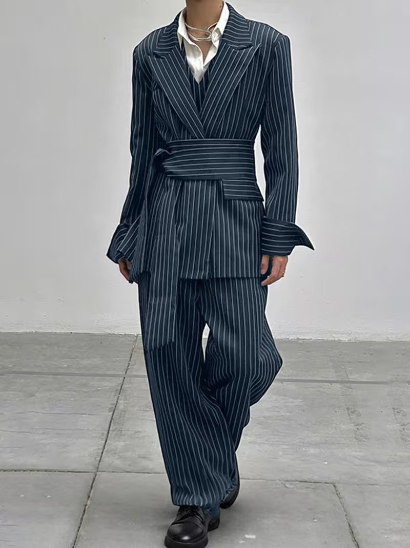 INCERUN Men Stripe Blazer Suit | Long Sleeve Lapel Neck Blazer with Long Trousers, Thin Street Hippy Casual Pants, Non-Stretch Fabric, Loose Fit, Perfect for Spring/Fall