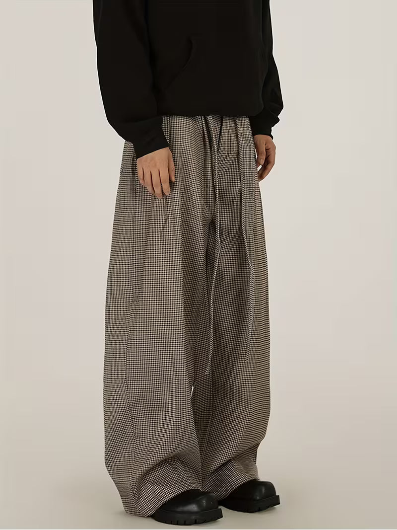 Gengyuan'S Features High-Intelligence Vintage-Style Wide-Leg Pants with a Pleated Design And a Versatile Check Pattern, Perfect for Casual Commuting
