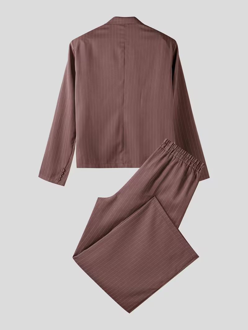 INCERUN Men A Set Stripe Print Lapel Long Sleeve Double Breasted Shirt with Elastic Waist Trousers Baggy Street Hippy Formal Work All-match Casual Pants Suit