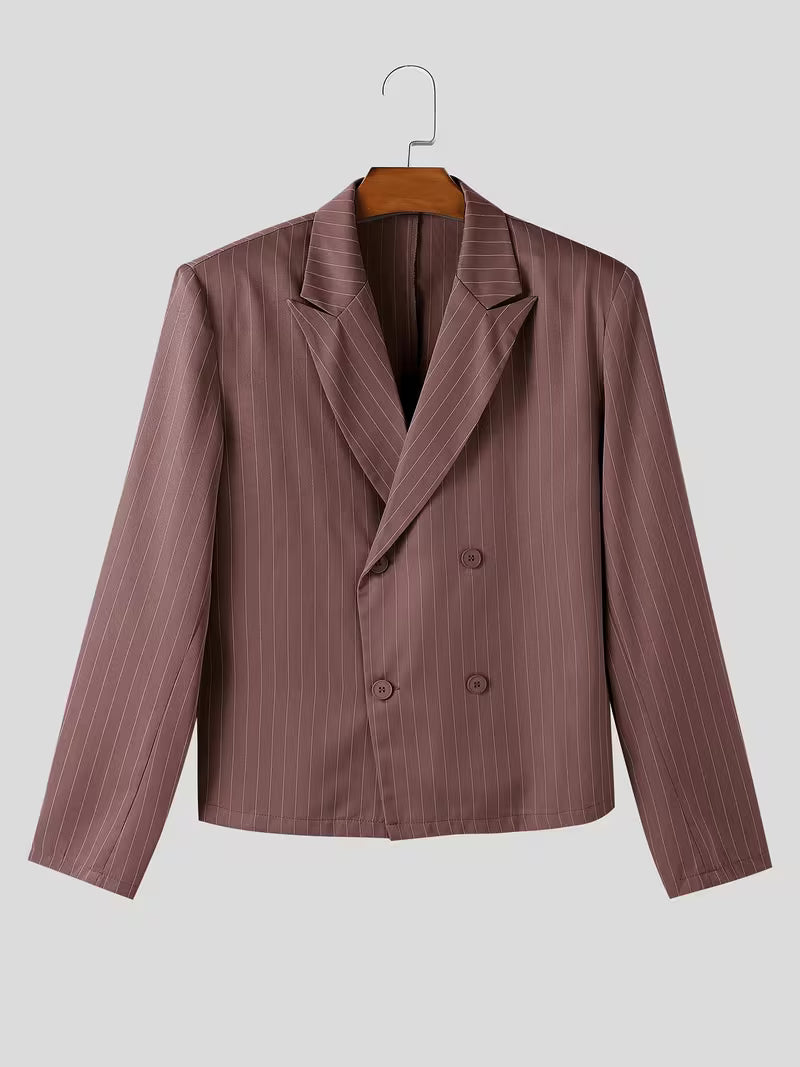 INCERUN Men A Set Stripe Print Lapel Long Sleeve Double Breasted Shirt with Elastic Waist Trousers Baggy Street Hippy Formal Work All-match Casual Pants Suit