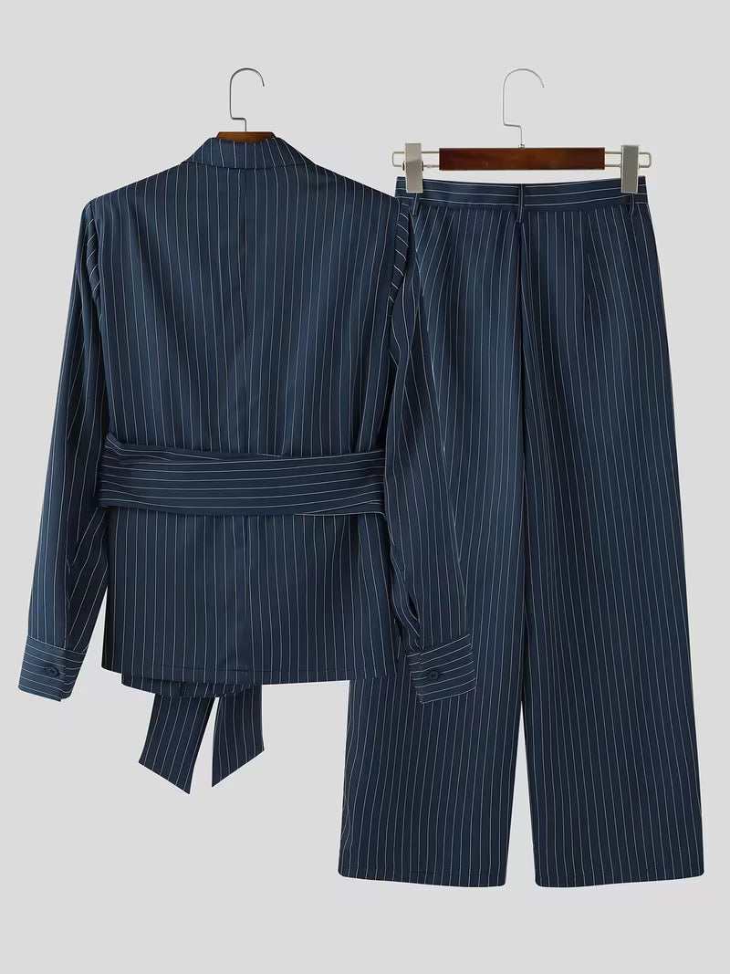 INCERUN Men Stripe Blazer Suit | Long Sleeve Lapel Neck Blazer with Long Trousers, Thin Street Hippy Casual Pants, Non-Stretch Fabric, Loose Fit, Perfect for Spring/Fall