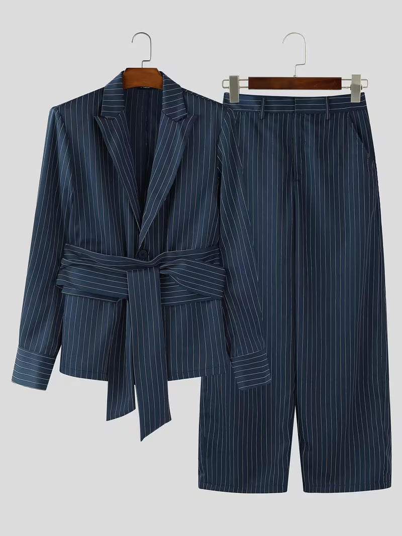 INCERUN Men Stripe Blazer Suit | Long Sleeve Lapel Neck Blazer with Long Trousers, Thin Street Hippy Casual Pants, Non-Stretch Fabric, Loose Fit, Perfect for Spring/Fall