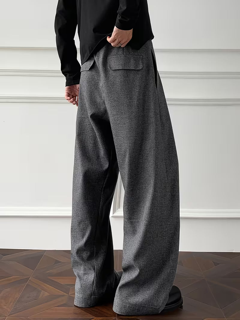 Men's Solid Color Spring/autumn Casual Suit Pants, Suitable for Formal Wear, Loose Fit, Vintage Style with Belt, Wide-leg Design, Ideal for Outdoor Leisure in Spring and Autumn, Light Business Style