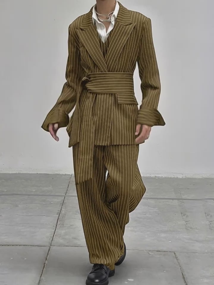 INCERUN Men Stripe Blazer Suit | Long Sleeve Lapel Neck Blazer with Long Trousers, Thin Street Hippy Casual Pants, Non-Stretch Fabric, Loose Fit, Perfect for Spring/Fall