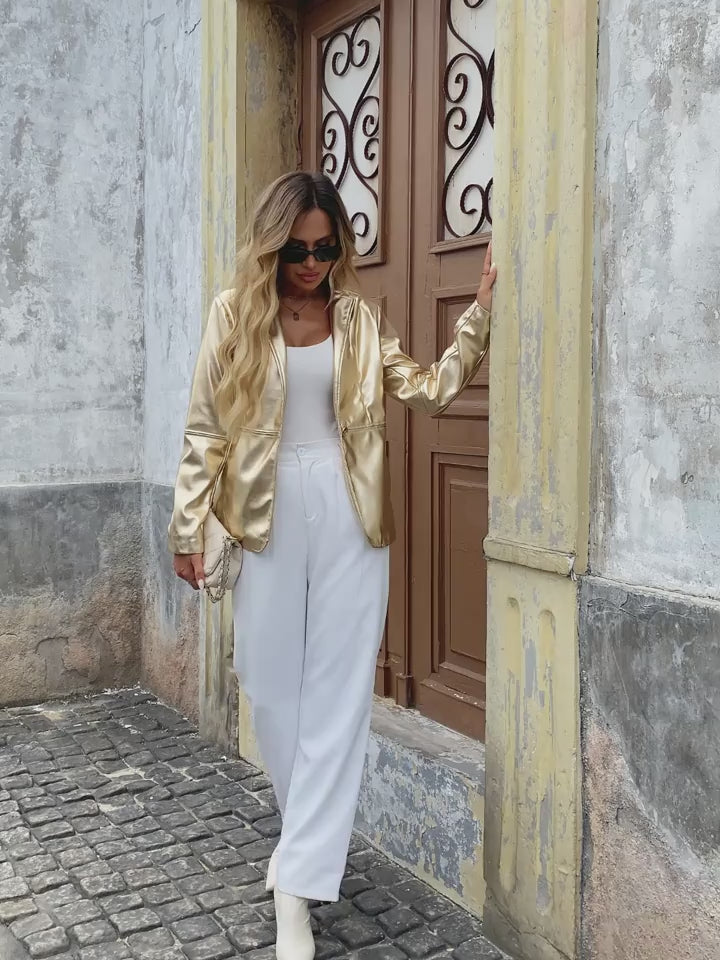 Women Elegant Fashion Lapel Jacket | Button Golden Coat, Regular Sleeve, Solid Color, All-Season, Single Button Placket