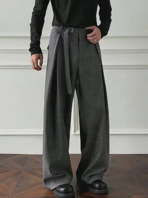 Men's Solid Color Spring/autumn Casual Suit Pants, Suitable for Formal Wear, Loose Fit, Vintage Style with Belt, Wide-leg Design, Ideal for Outdoor Leisure in Spring and Autumn, Light Business Style